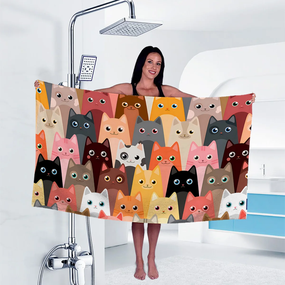 1PC Cartoon Printing Colorful Cat Pattern Microfiber Beach Towel, Quick Dry, Sand Free Microfiber,Perfect for Pool, Bath