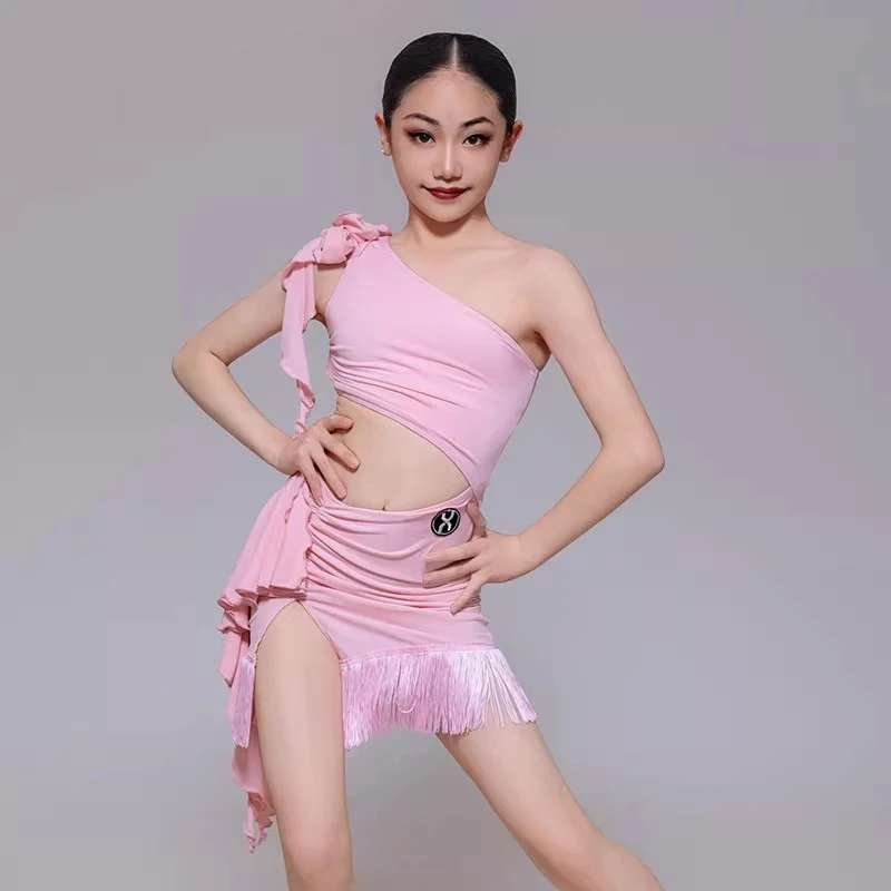 2025 crianças roupas de desempenho de dança latina trajes de meninas ombro inclinado oco borlas vestido samba dança palco wear dn22553