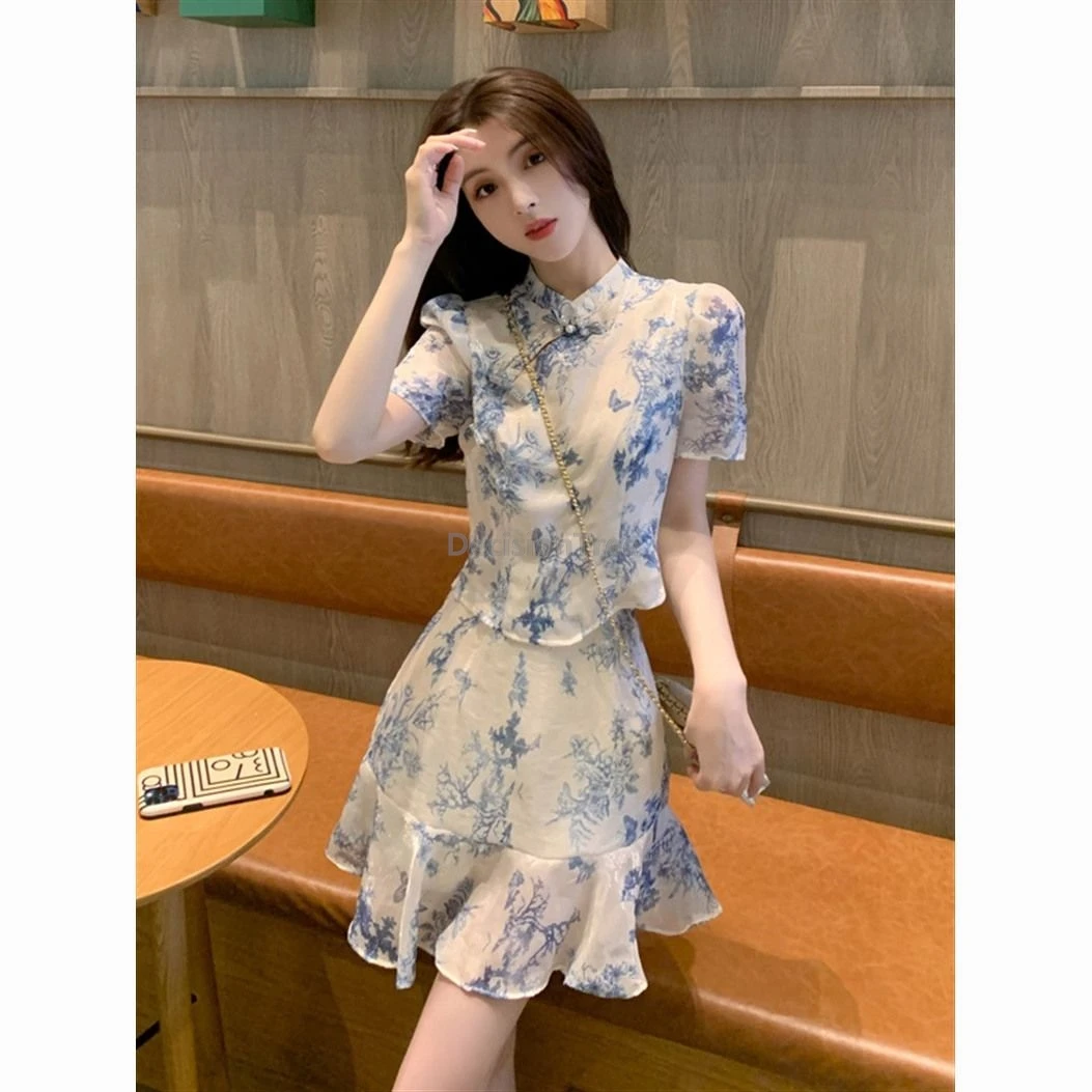 

2025 классический комплект китайской одежды с принтом, молодежный темперамент, женская повседневная одежда, дизайн с воланами феи, модный комплект из 2 предметов