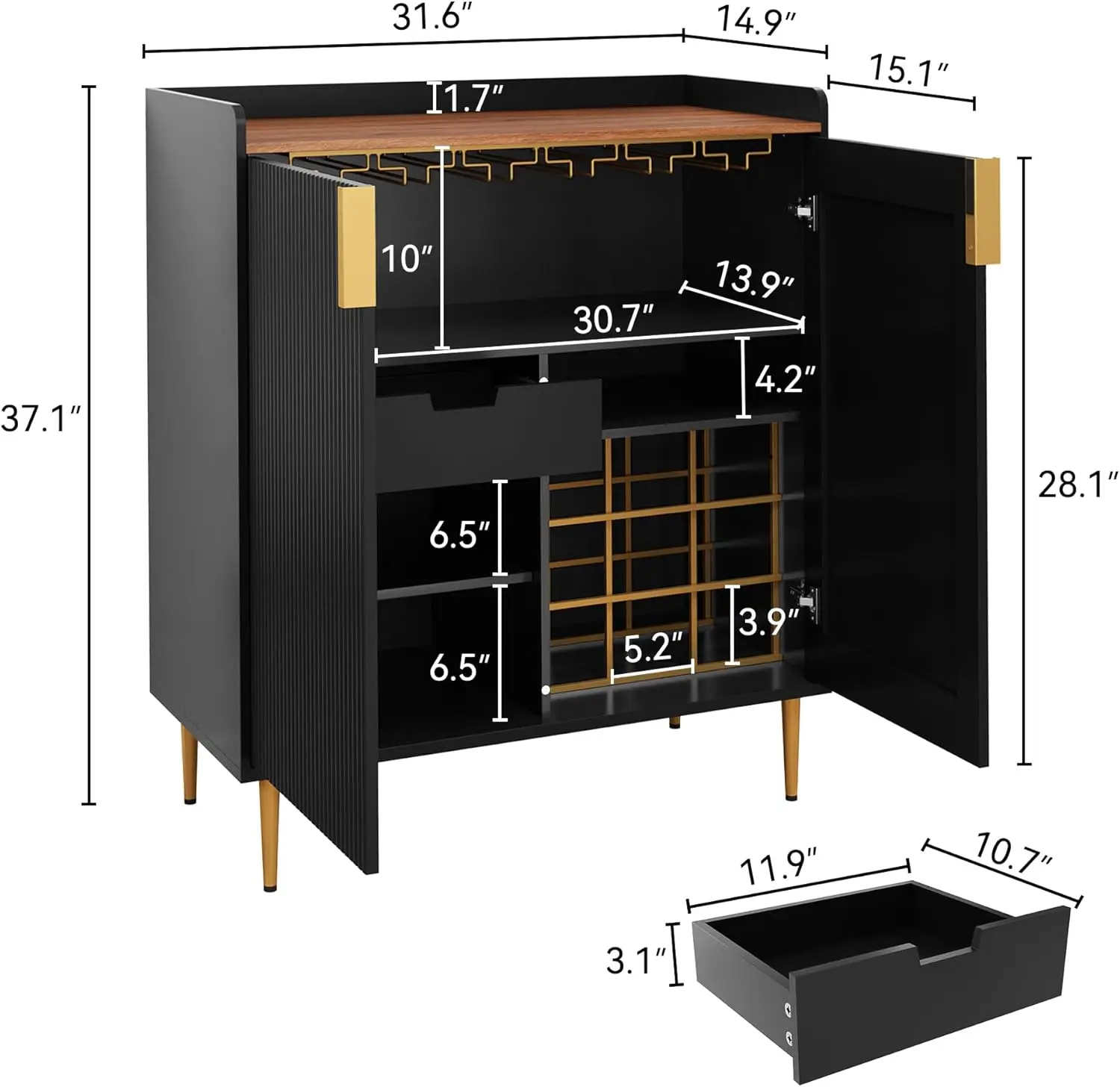 Artpower Sideboard Buffet Cabinet With Fluted Texture, Modern Coffee Bar Cabinet With Wine Rack&Drawers, Black Liquor Cabinet