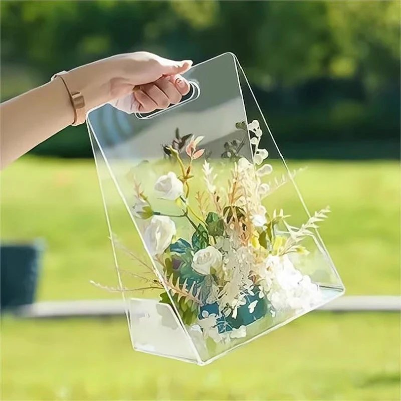 Transparent Gift Packaging Bag With Handles Reusable Tote Bags Triangle Transparent Gift Wrapping Bags Acrylic Handheld Box