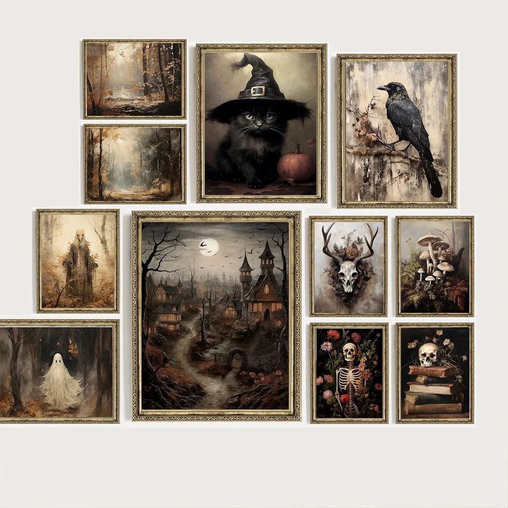 Dark Witch's Black Cat Wall Art Poster Halloween Gothic Crow Haunted House Canvas Printmaking for Living Room Home Autumn Dec