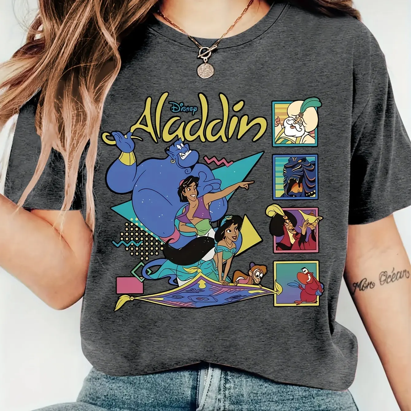 

Women'S Disney Short Sleeve Cartoon Vintage Aladdin Lamp and Jasmine Princess Series Print Round Neck Summer T-Shirt