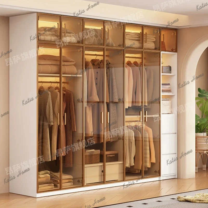 FG Minimalist Modular Spliced Clothes Armoire Customizable Size Solid Wood Storage Wardrobe with Transparent Display Glass Panel