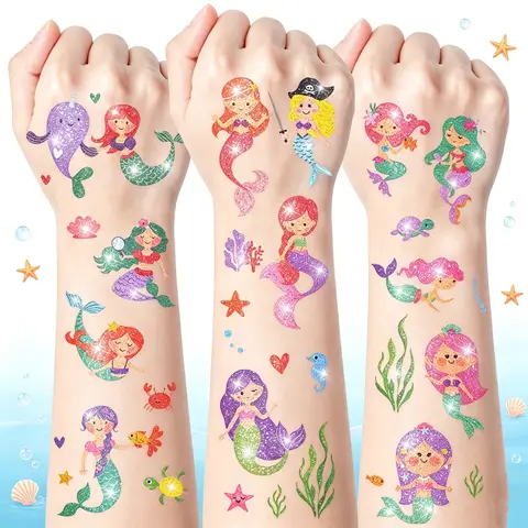 10Pcs Glitter Mermaid Temporary Tattoos Ocean Starfish Shell Sea Body Stickers For Girls Party Holiday Festival Cosplay Makeup *