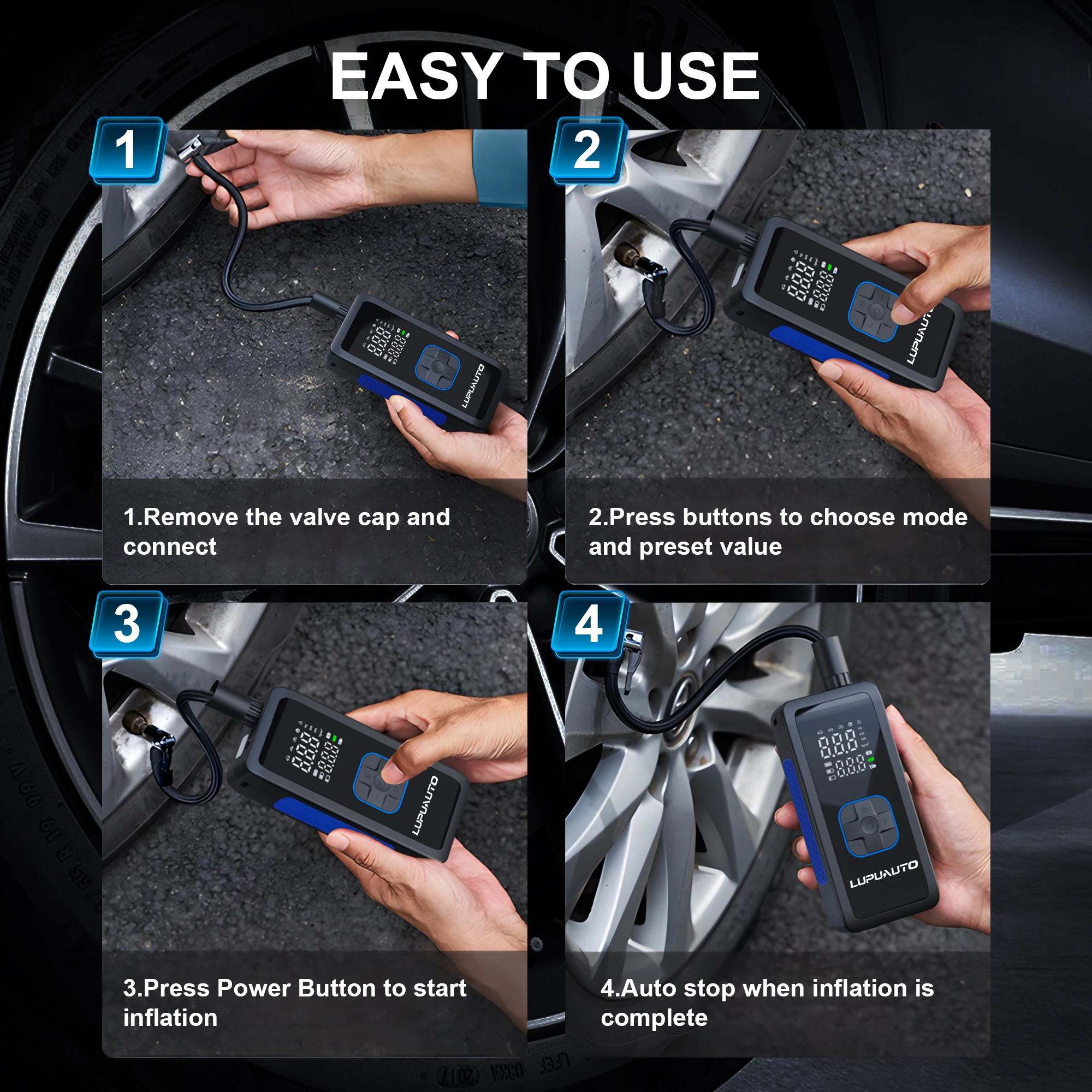 Portable Car Air Pump 150 PSI Tire Pressure Air Compressor Wireless Digital Display Tire Auto Stop When Fully Inflated for Car Bicycle