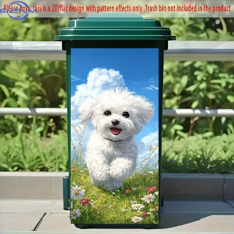 1pc 2D Flat Trash Can Sticker, White Dog Running in Flowers Image, Suitable for Outdoor Trash Cans and Kitchen Wall Decoration