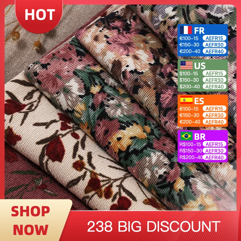 

Corduroy fabric Vintage floral print cloth Polyester cloth DIY handmade Women's dress fashion Children's clothing Sewingquilting