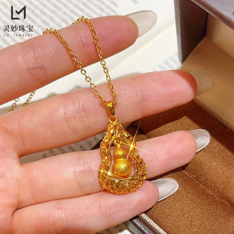 

Женское золотое ожерелье из настоящего золота 9999 24 карата в одном стиле, подвеска из золотой тыквы, цепочка на ключицу, красивые украшения