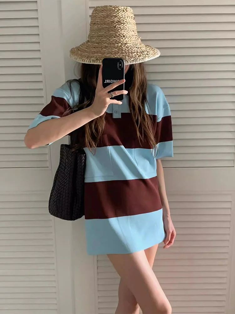 

Gagarich Casual Striped T-shirt Dress Women Summer New Retro Contrasting Loose Short Dresses