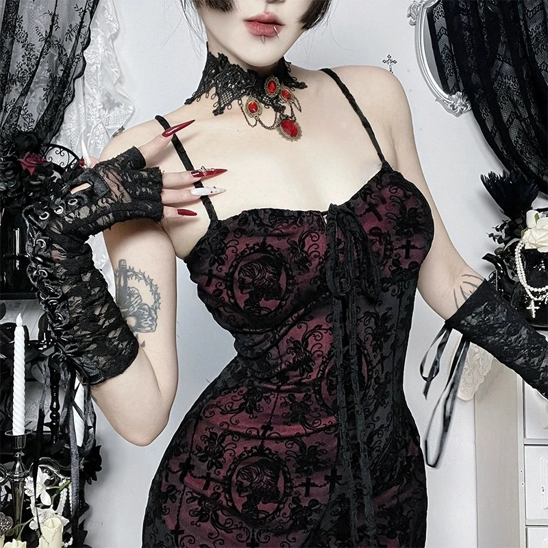 2026 New Vintage Dark Fairycore Spaghetti Strap Mesh Stitch Mini Dress Retro E-girl Lace-up Flocking Dresses Gothic Party Outfit