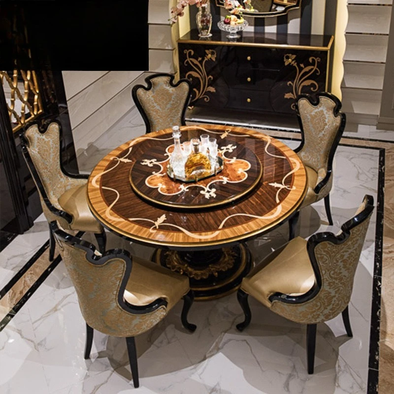 European dining table solid wood rotating round table neoclassical red sandalwood round table