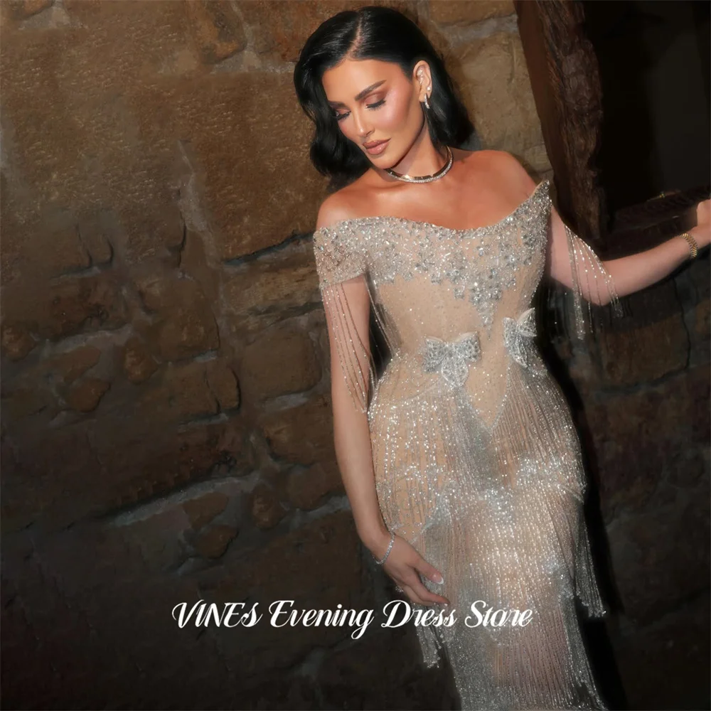 VINES Champagne Party Dresses Off the Shoulder Short Sleeve Evening Dresses Tassel and Bow فساتين السهرة Gala Dress Customized image 4