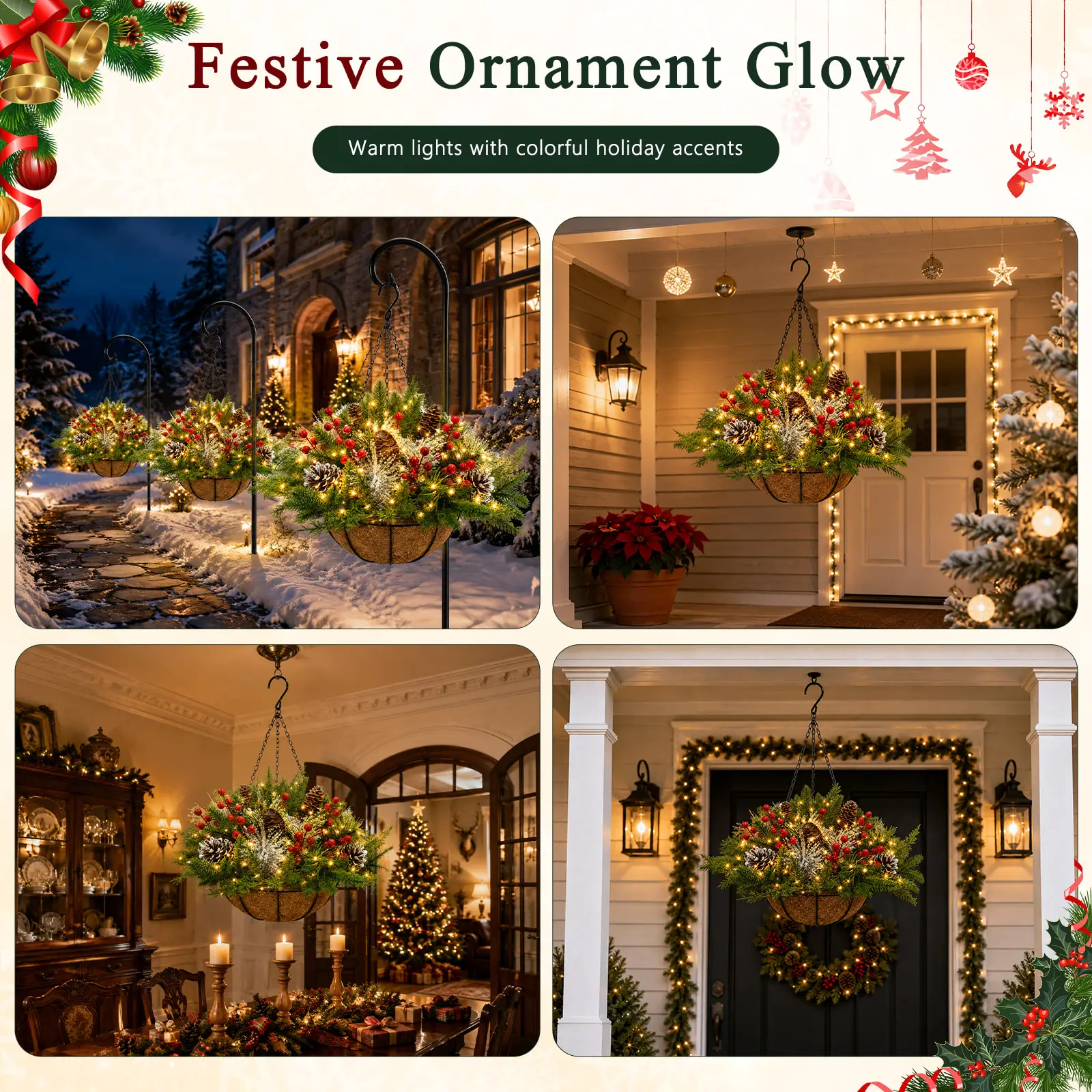 Artificial Christmas Hanging Basket with LED String Lights Pre-Lit Christmas Hanging Plant Basket Artificial Flowers Decor for Front Door Garden and Party