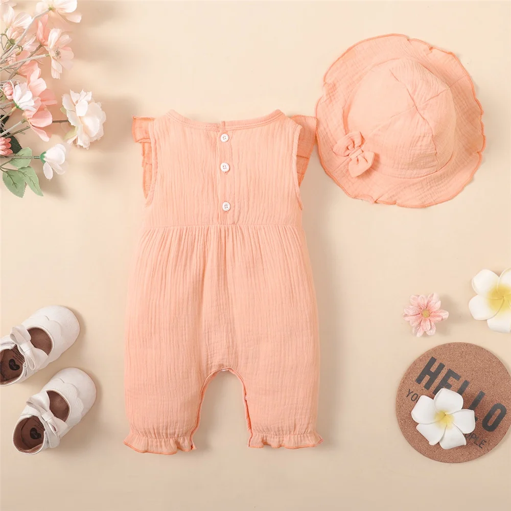 2PCS Newborn Baby Girl Bodysuuit Plain Sleeveless Romper+Hat Daily Summer Jumpsuuit Clothing for Infant Girl 0-18Months