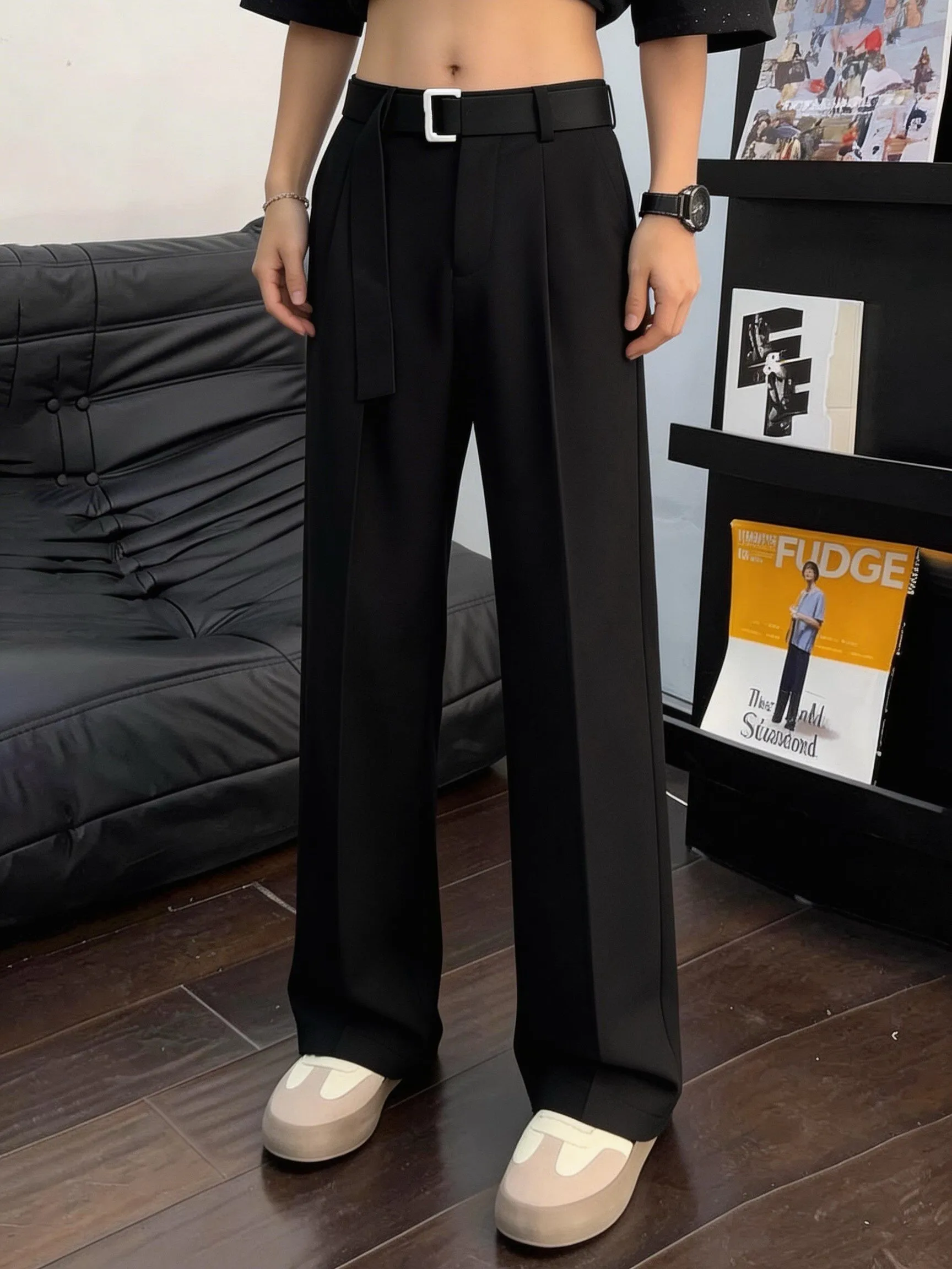 American Style Draped Belted Wide Leg Men's Pants Loose Lazy Straight Cut Trousers Casual Spring Summer Fashion