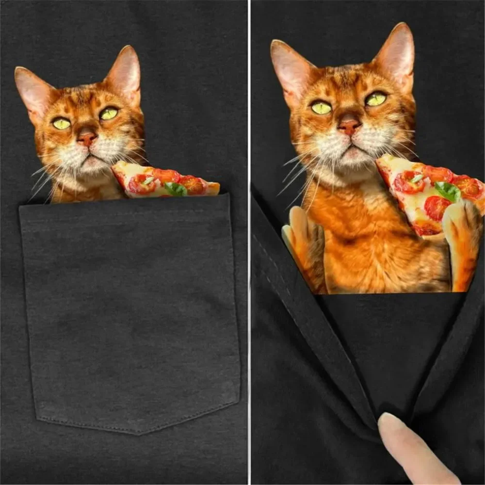 HX Animal T-shirts Super Kitty Bengal Cat Pizza Pocket T-shirt Sticker Printed Cotton Tees Men Women Summer Shirts