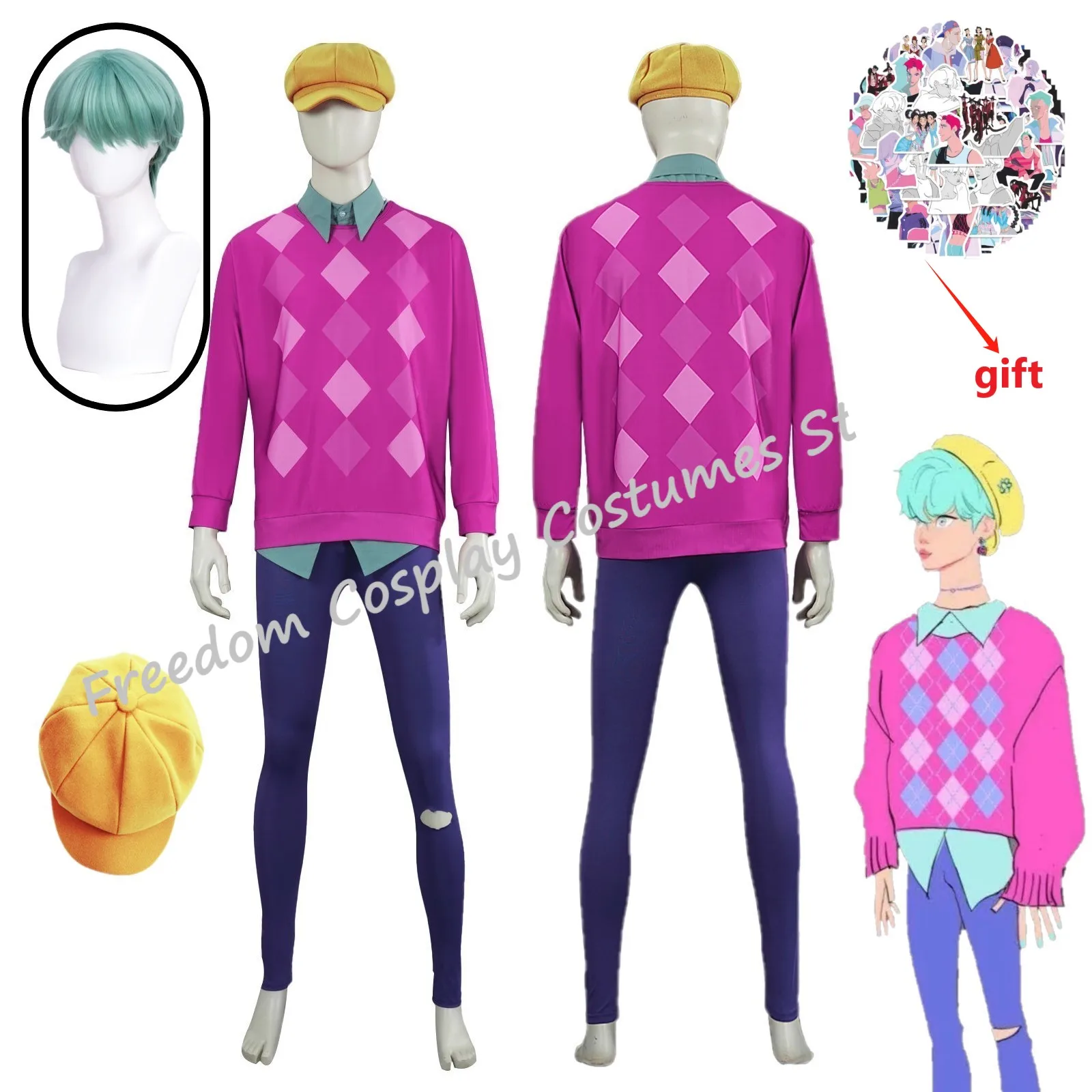 

IN STOCK Baby Saja Boys Cosplay Fantasy Costume wig For Men Pink Sweatshirt Pants Cap Roleplay Outfits Halloween Suit