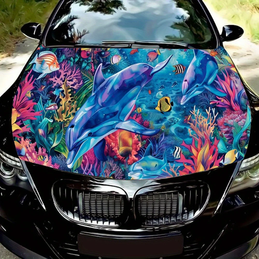 

Colorful Artistic Coral Dolphin Print car hood stickers, waterproof self-adhesive, scratch resistant, easy to stick, durable car