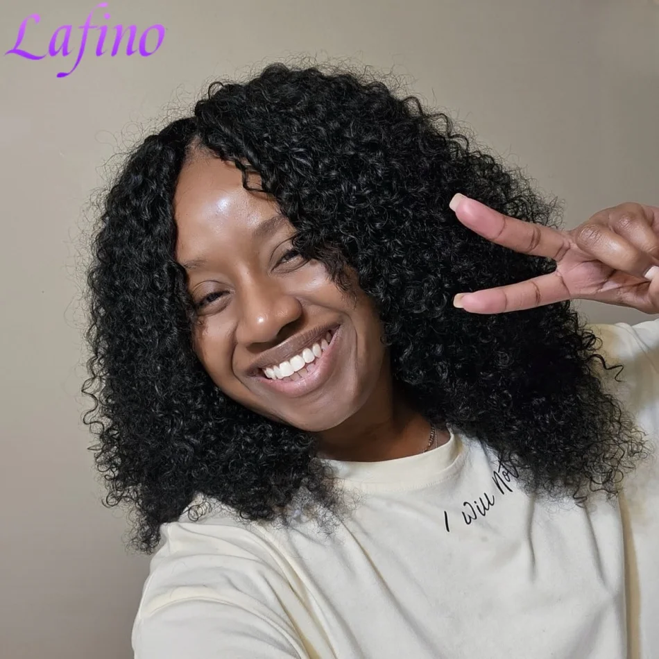 

200 Density Kinky Curly V-Part Human Hair Wigs Water Wave No Glue No Leave out Upgrade Clip-In Half Wigs for Easy Application