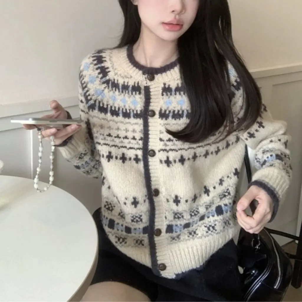 

Retro Korean Style Fair Isle Knitted Open Cardigan Sweater Round Neck Tassel Loose Fit Spring Autumn New Arrival