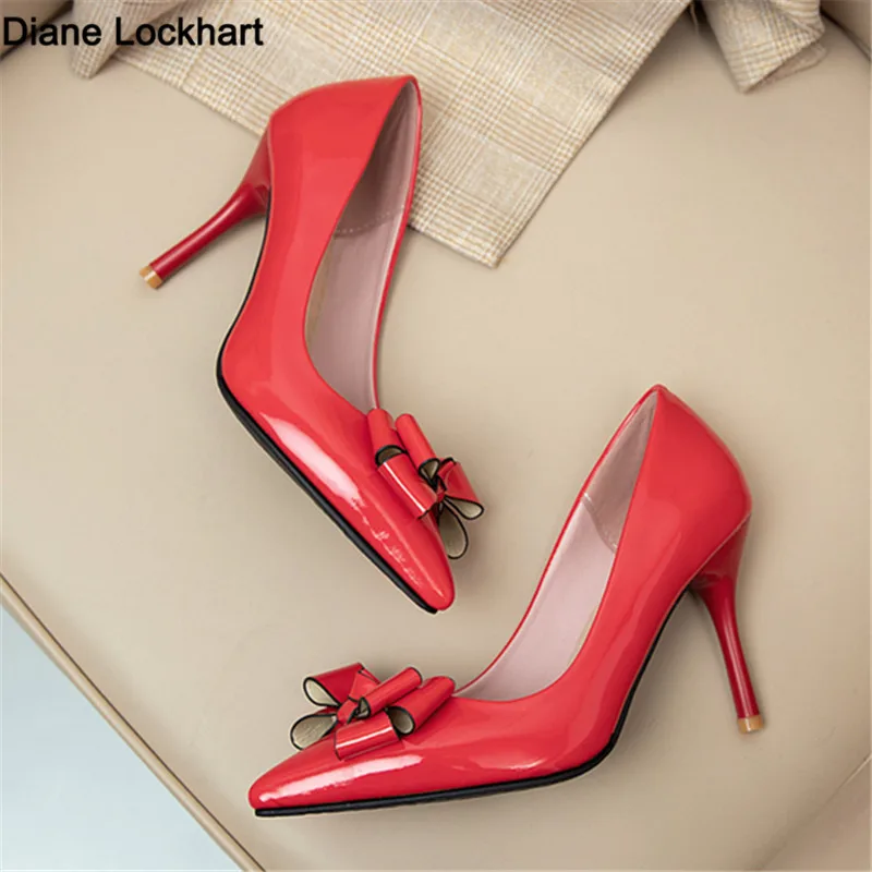 

2023 New Patent Leather High Heel Shoe Sexy Pointed Toe Thin Heels Woman Pumps Bow Dress Heels 34-43 Party Shoes Apricot Black