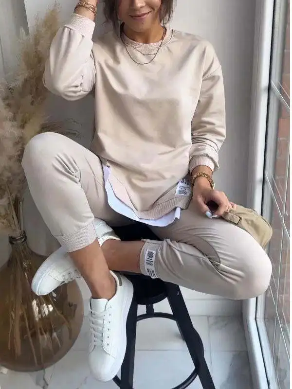 Autumn Winter Solid Color Tracksuits Sets Fashion Casual Long Sleeve O Neck Slim T Shirt Small Foot Trousers 2piece Set Female