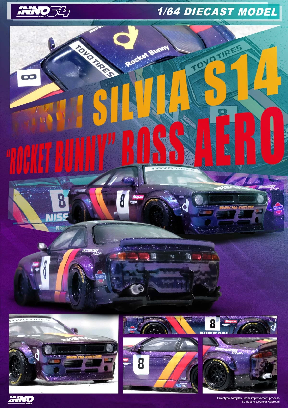 ** Pre-ordina ** INNO 1:64 SILVIA (S14) BOSS ROCKET BUNNY Purple Diecast Model Car