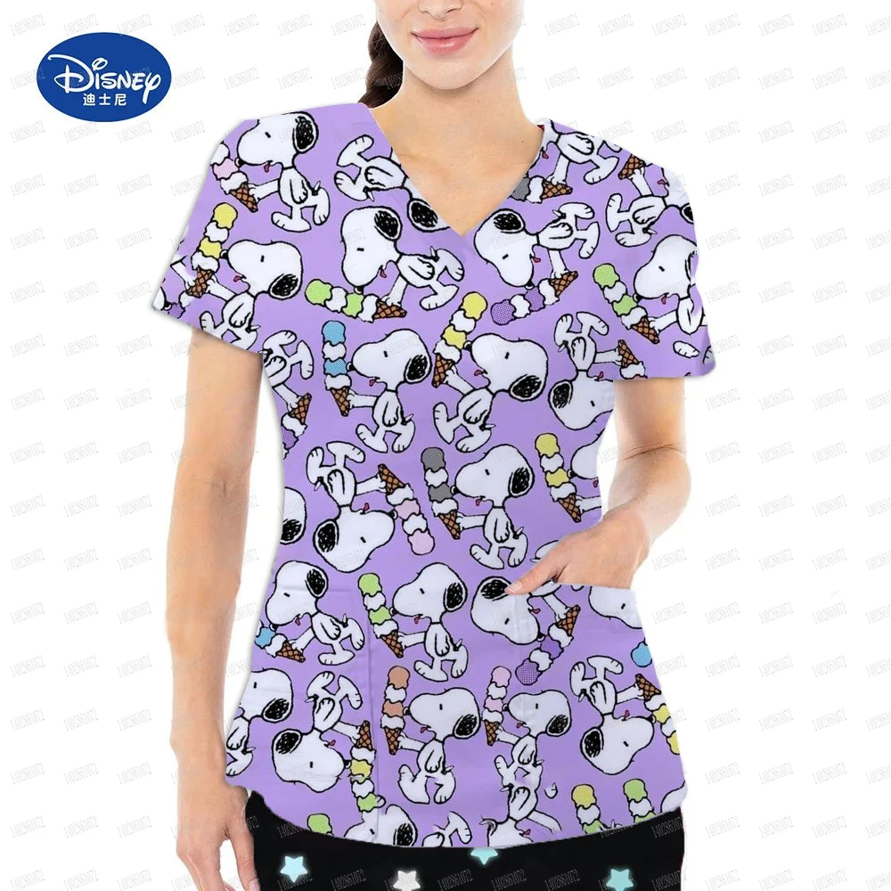 

Women Scrub Top With V-neck Snoopy Cartoon Scrub Uniforms Thin Nurse Scrub Tops For Women Short Sleeve Blouse Healthcare Tunic