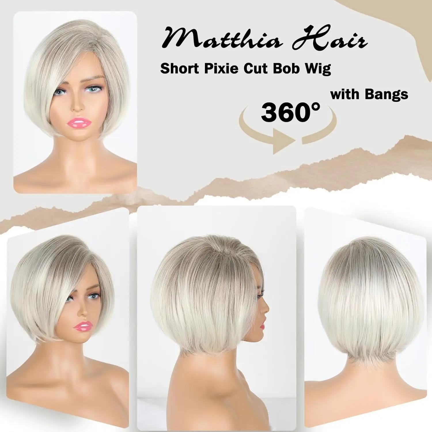 Silver Grey Short Bob Full Wig Synthetic Hair With Side Bangs For Women Halloween Christmas Cosplay Party