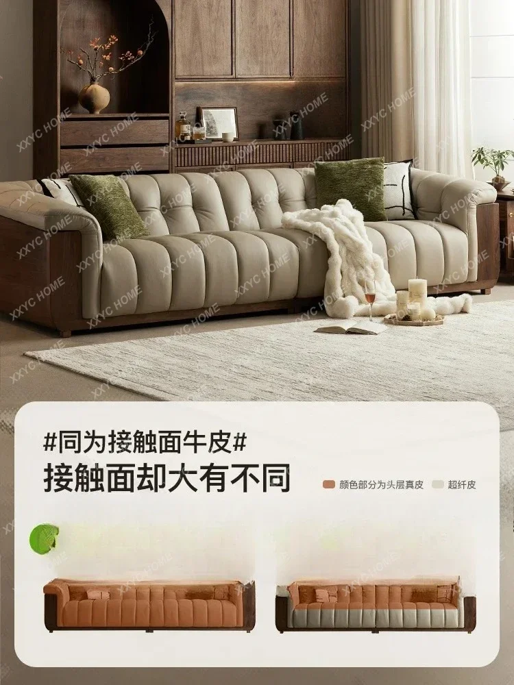 AANorth American Black Walnut Sofa Leather Straight Row Cloud Sofa Living Room Lazy Relaxation Retro Style