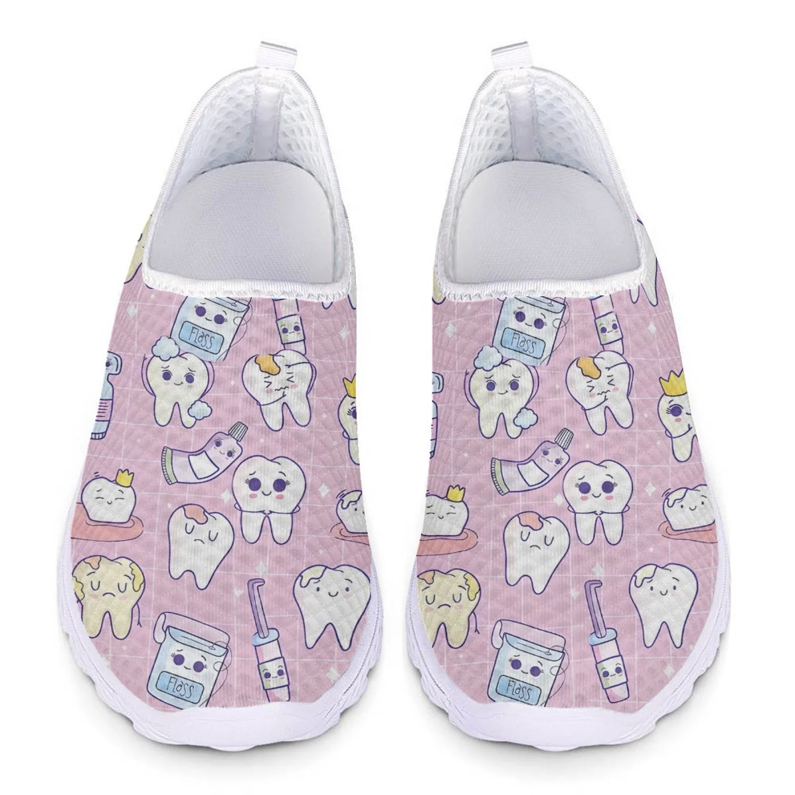 INSTANTARTS Cartoon Dental Loafers Pink Tooth Print Comfortable Breathable Shoes Medical Nurse Shoes Women\'s Slip On Shoes Flat