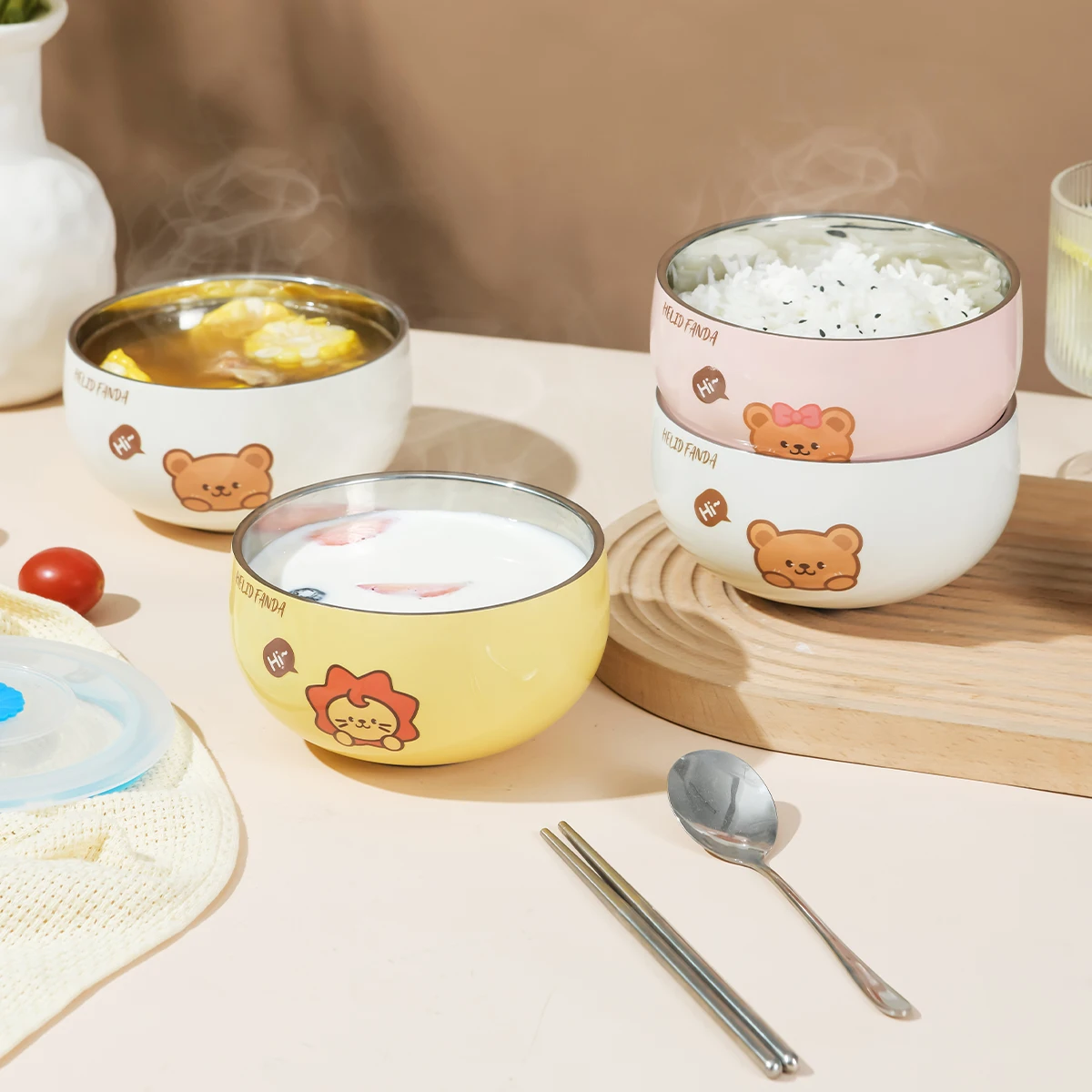 WORTHBUY Cuenco de sopa de acero inoxidable 316, tazón de arroz redondo de gran capacidad con cubiertos, vajilla de cocina, contenedor de alimentos para niños