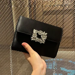 Women Rhinestone Satin Square Button Handbags Elegant Boutique Crystal Evening Clutch Purses Chain Crossbody Bags Wedding Party