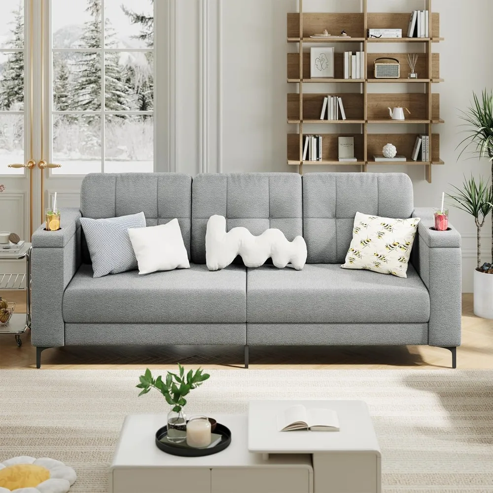 

Couches for Living Room, 84 Inch Sofas for Living Room with Storage Armrests, Minimalist Comfy Teddy Fleece Small Cou