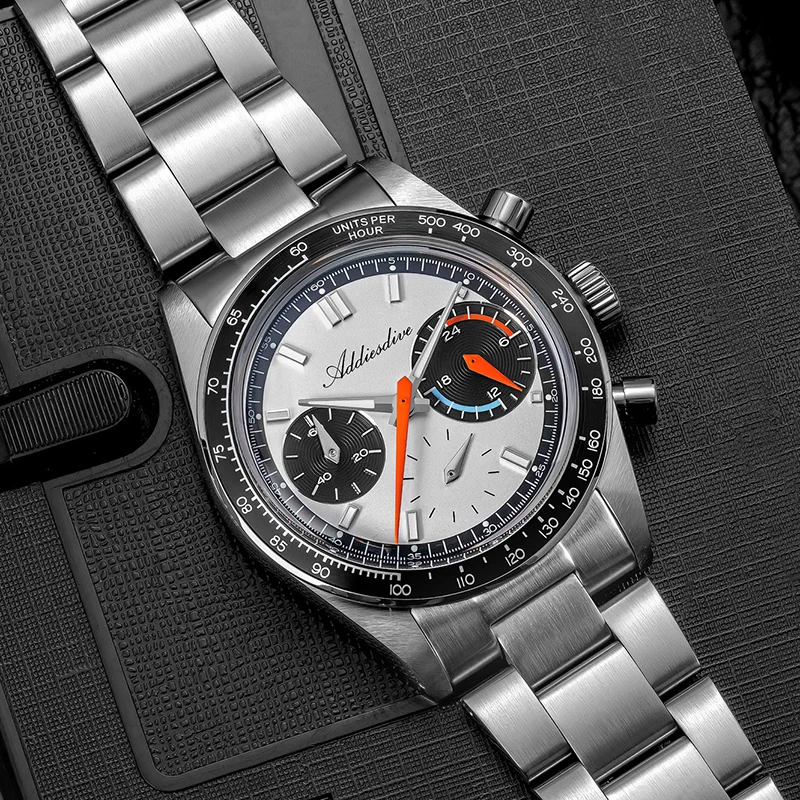 

ADDIESDIVE Chronograph Quartz Watches For Men 100M Waterproof BGW9 Luminous Wristwatch 37mm Domed Bubble Glass 316L Steel Watch