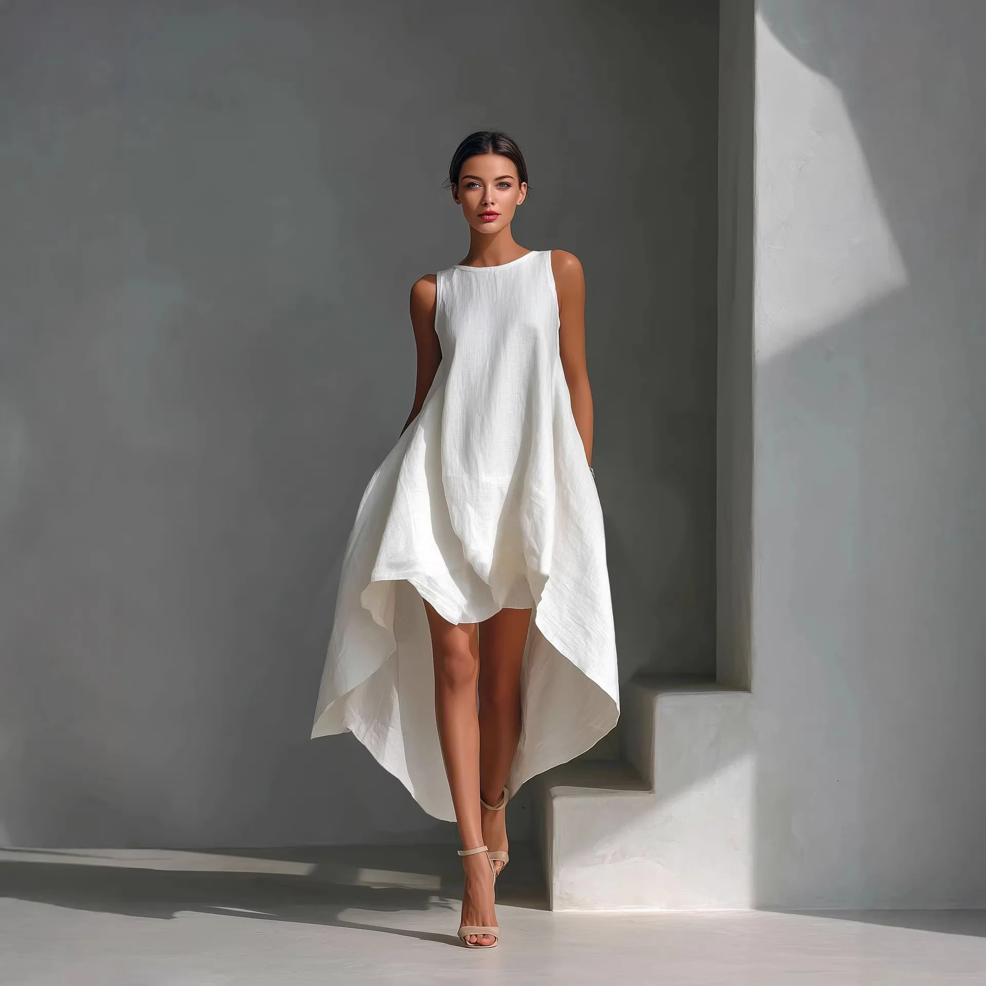 

Spring 2026 Cotton-Linen Asymmetrical Sleeveless Dress With Short Front And Long Back For Women's Vacation Wear