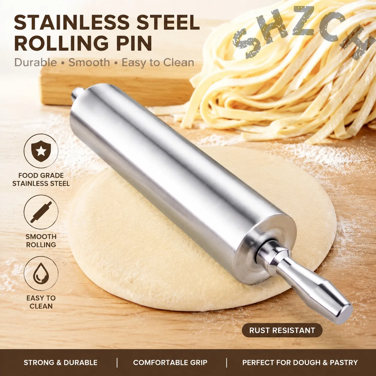 Heavy-Duty Stainless Steel Rolling Pin for Pasta and Dough – 595mm Long Commercial Kitchen Tool
