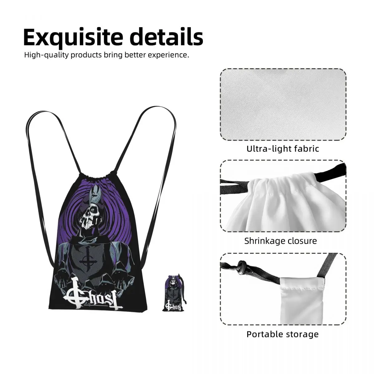 Ghost Heavy Metal Band Drawstring Backpack Sports Gym Bag Lightweight Foldable Storage Drawstring Bag for Men Women