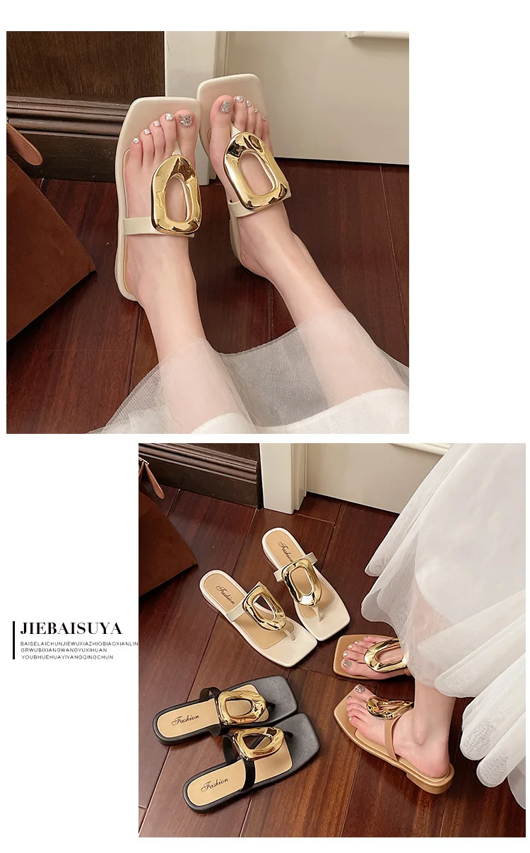 2026 Neue Damen-Flip-Flops mit eckiger offener Zehenpartie, einfarbig, vielseitig, mit Clip-Zehenriemen, flache Sandalen mit Metallschnalle für Damen – Detail 9
