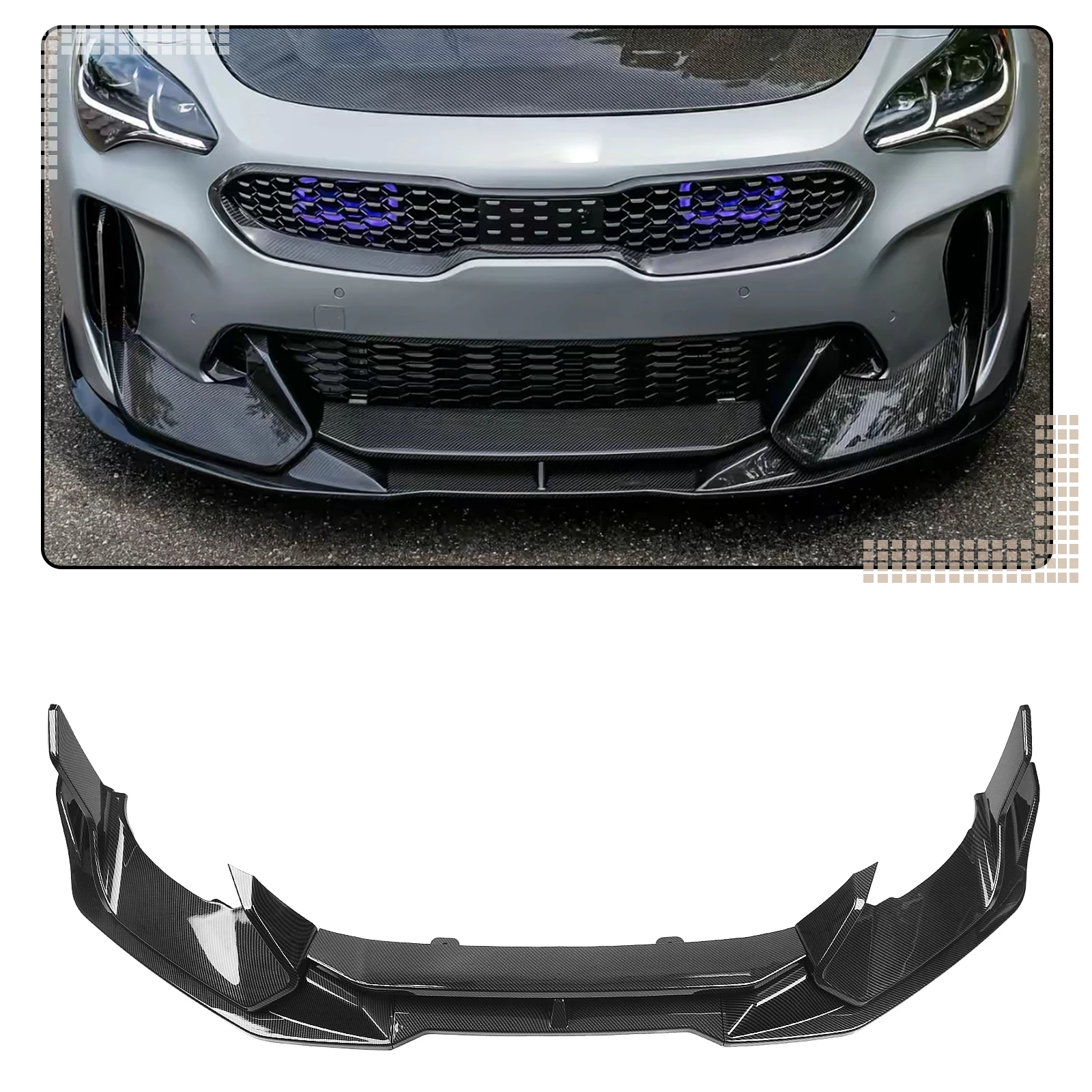 For KIA Stinger GT AD 2018-2023 Matte/Gloss Black/Carbon Fiber Look Front Bumper Spoiler Lip Air Vent Side Cover Splitter Canard