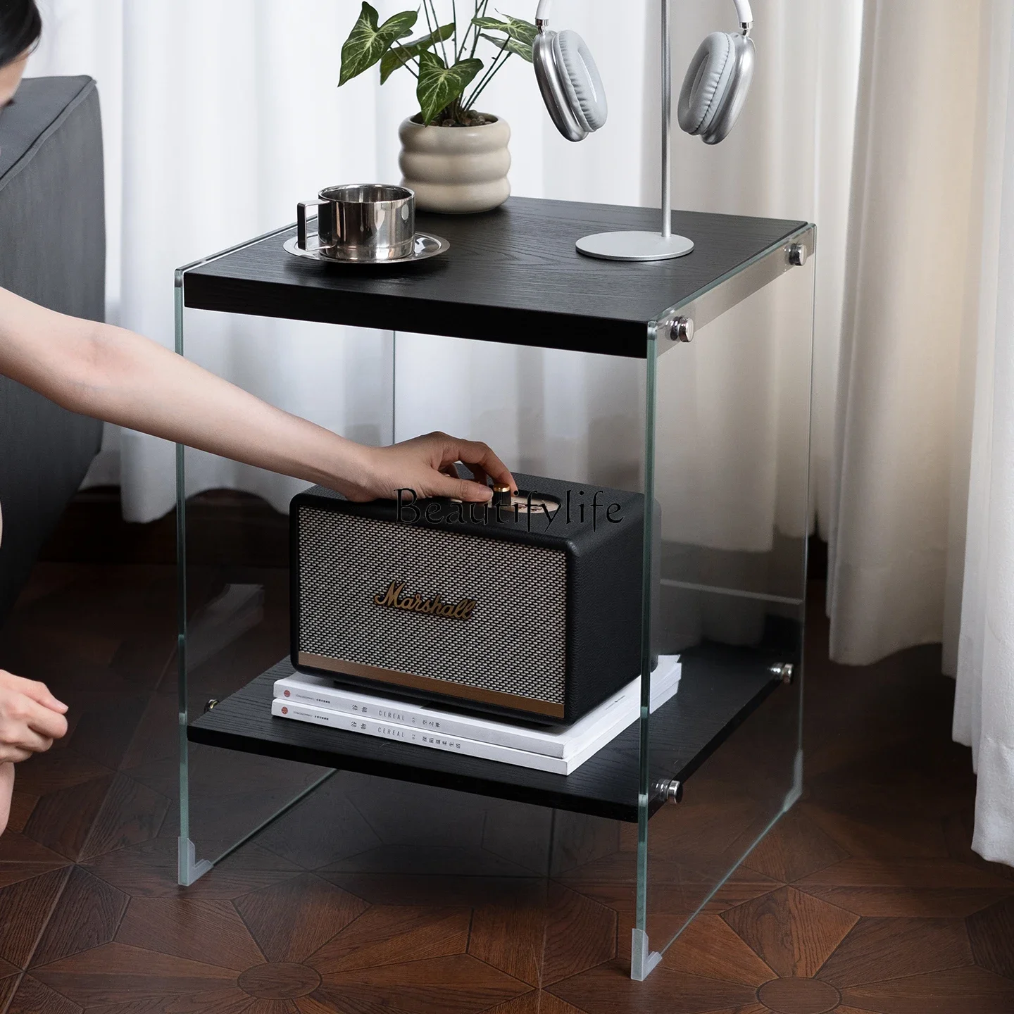 

12Simple Modern Small Apartment Sofa Side Table Glass Solid Wood Living Room Corner Table Black Storage Rack