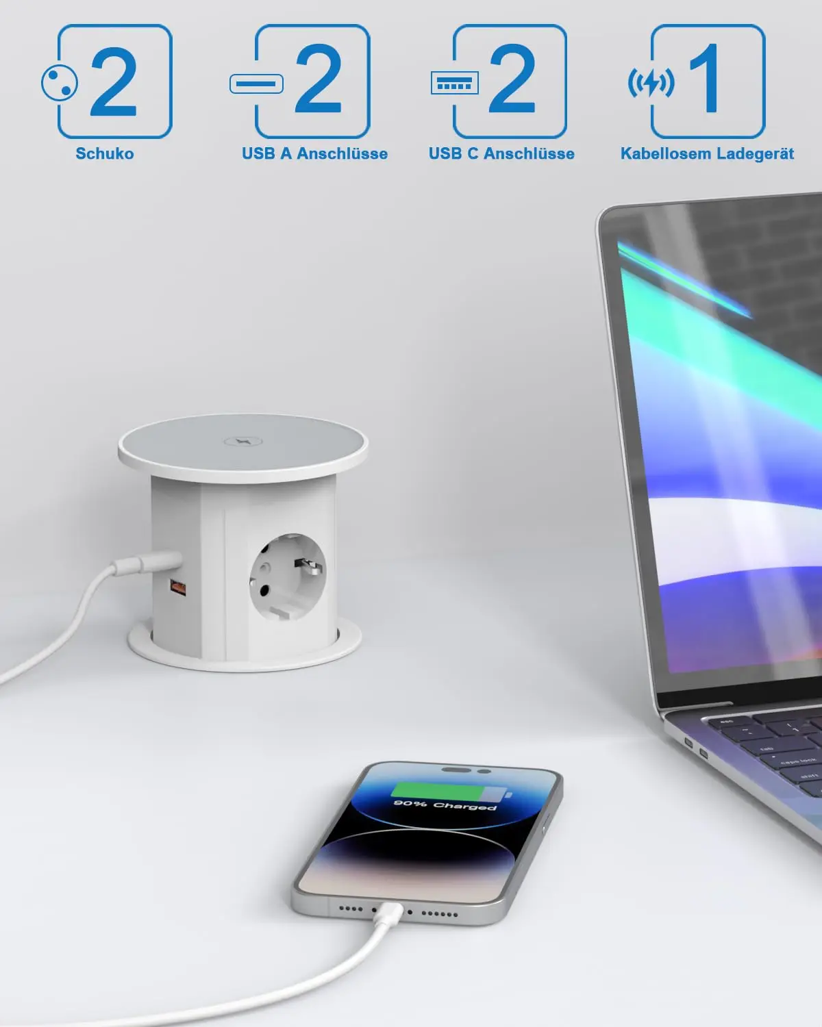 Intelligent Hydraulic Lifting Pop Power Outlet Industrial Use 4 Schuko AC Outlets Wireless Charging 2 USB-C 1 USB-A Ports 16A