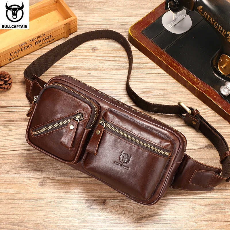 

BULLCAPTAIN Men's Genuine Leather Chest Bag Outdoor Sports Shoulder Bag Multifunctional Large Capacity Waist Bag