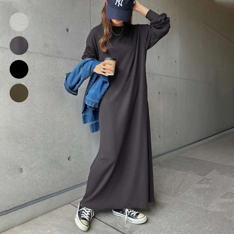 

Women's autumn and winter sweatshirt dress women's simple high-end solid color loose slimming knee-high long-sleeved long skirt