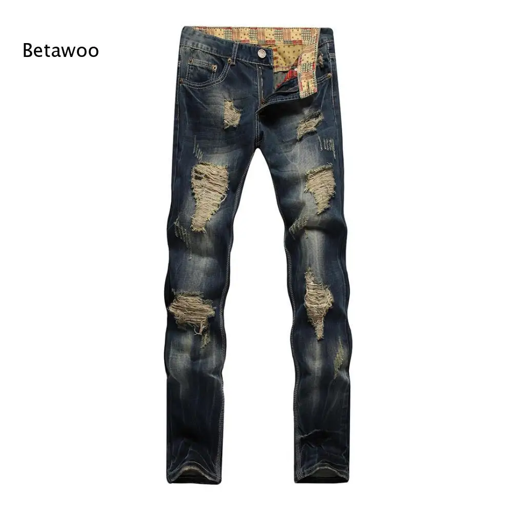 Mens Distressed Straight Leg Jeans Dark Blue Washed Multi Ripped Frayed Details Vintage Denim Trousers For Daily Street Dressing