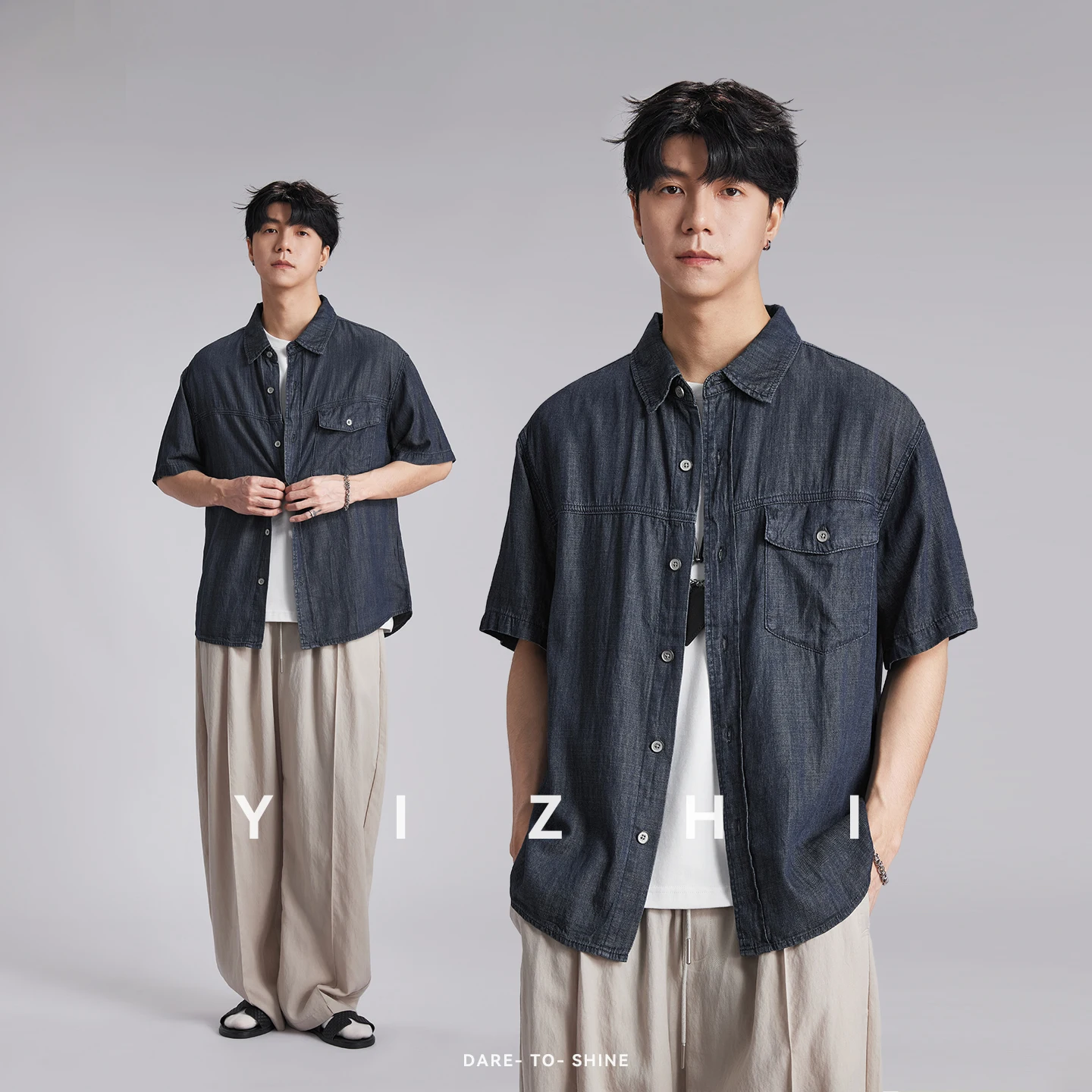Fashion Men Lyocell Denim Short Sleeve Shirt 2026 Summer New Lapel Loose Retro Trendy Casual Half Sleeve Blouse