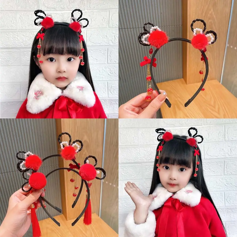 Accessories Flower Tassel Pearl Bow Pigtail Wig Chinese Style Hair Band Hanfu Hair Hoop New Year Headress Children's Headband