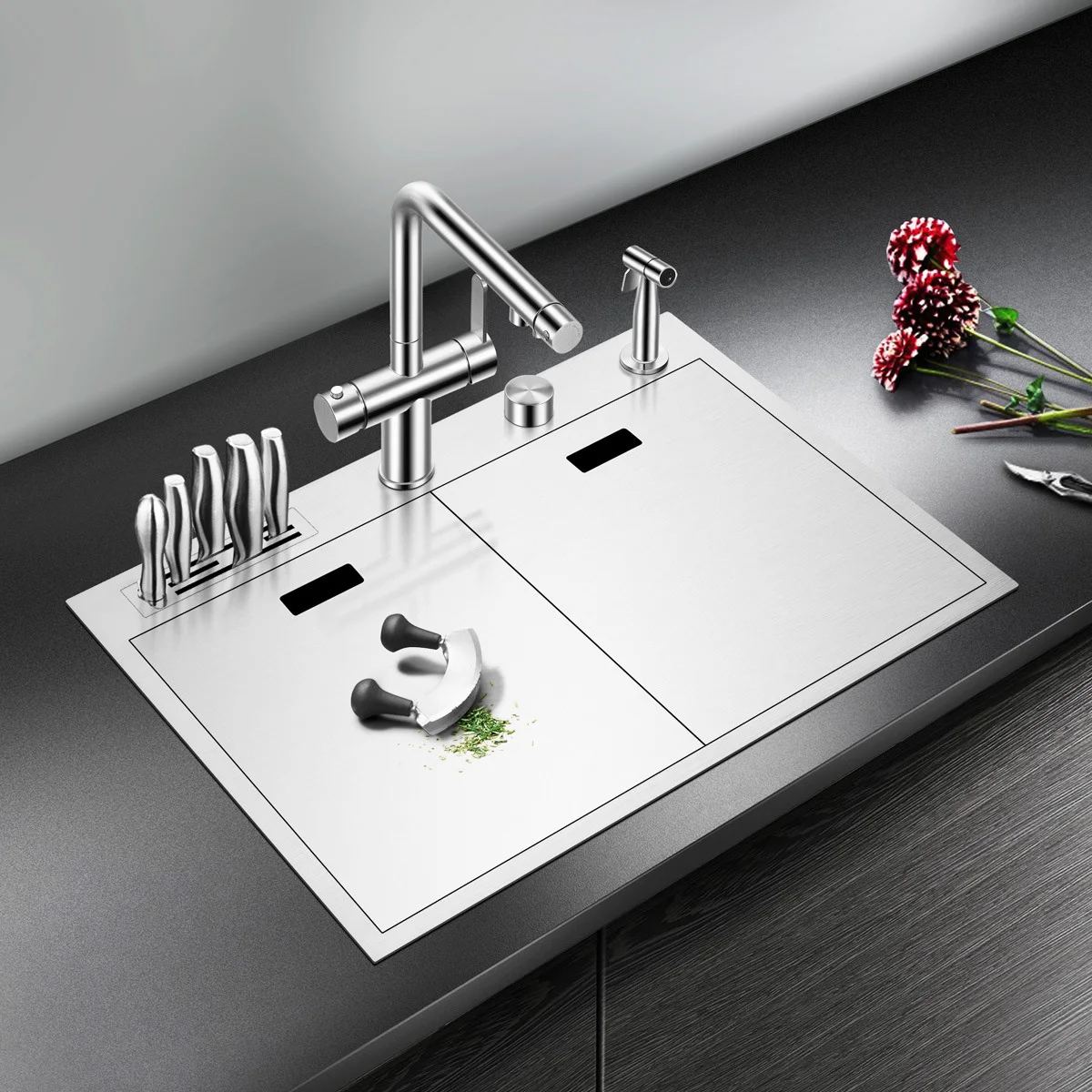 304 Stainless Steel Kitchen Handmade Sink with Knife Rack with Cover Plate Hidden Washbasin Single Sink Package