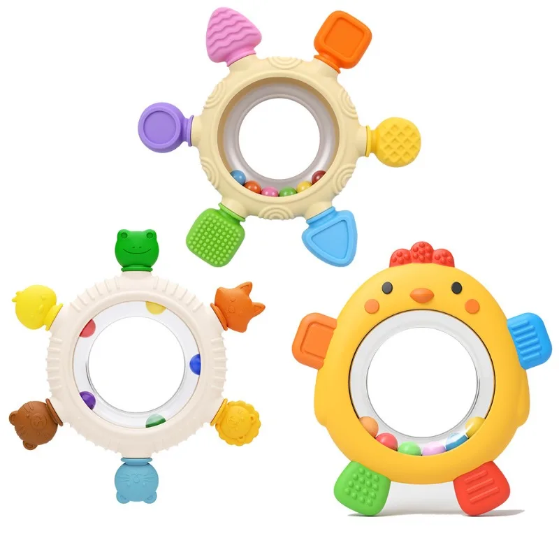 Silicone Rattle Teether Teething Stick Baby Teething Toy Six-Finger Teething Ring Food-Grade